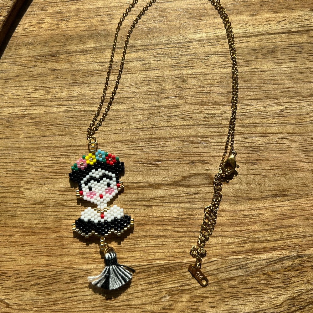 Frida Kahlo Bead Necklace K14 Gold Chain Handcrafted Mexico Artisan Tassel